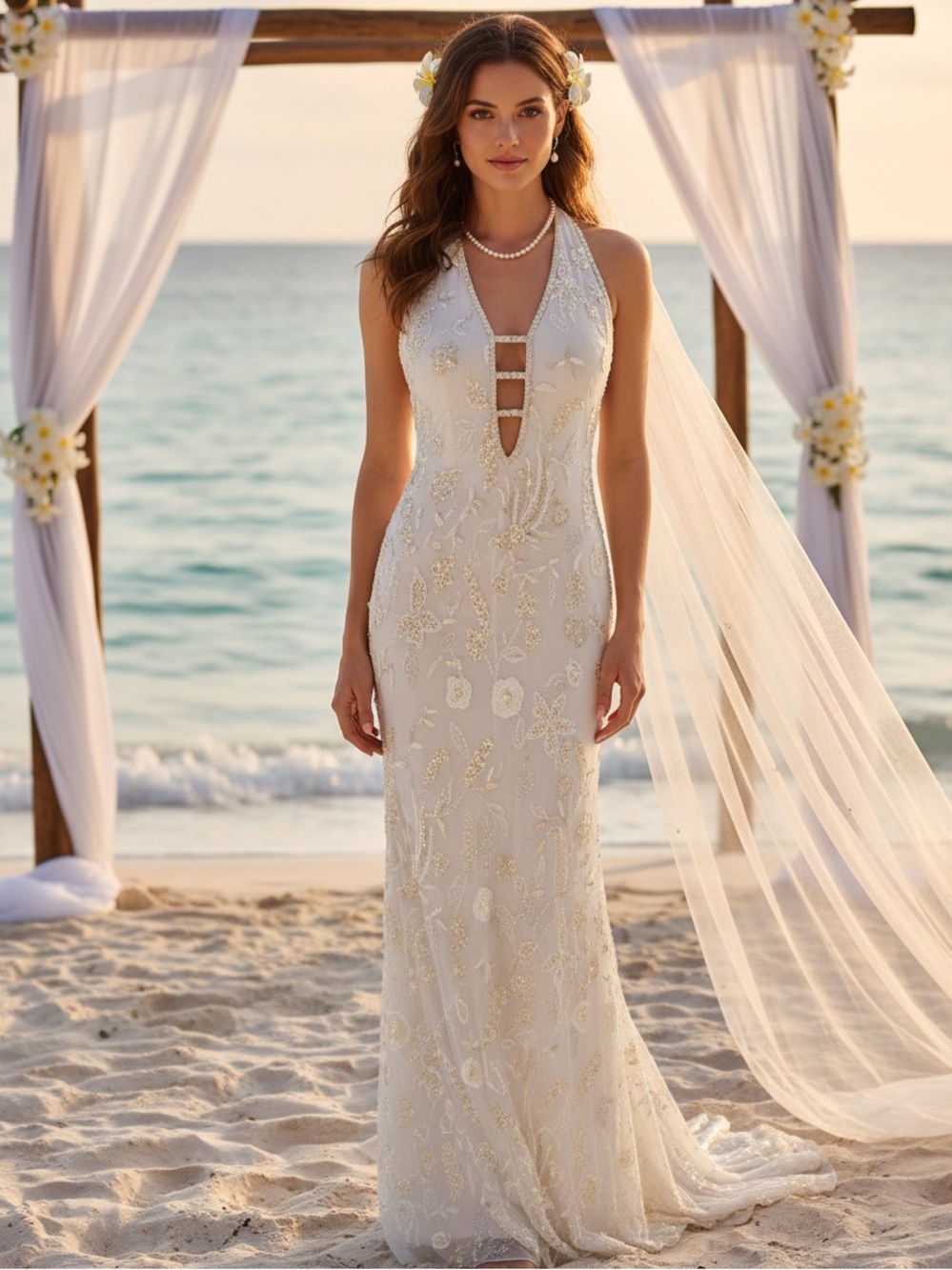Ivory Halter hand beaded, and embroidered Attitudes by Debra Gown. STUNNING!! - Picture 11 of 14
